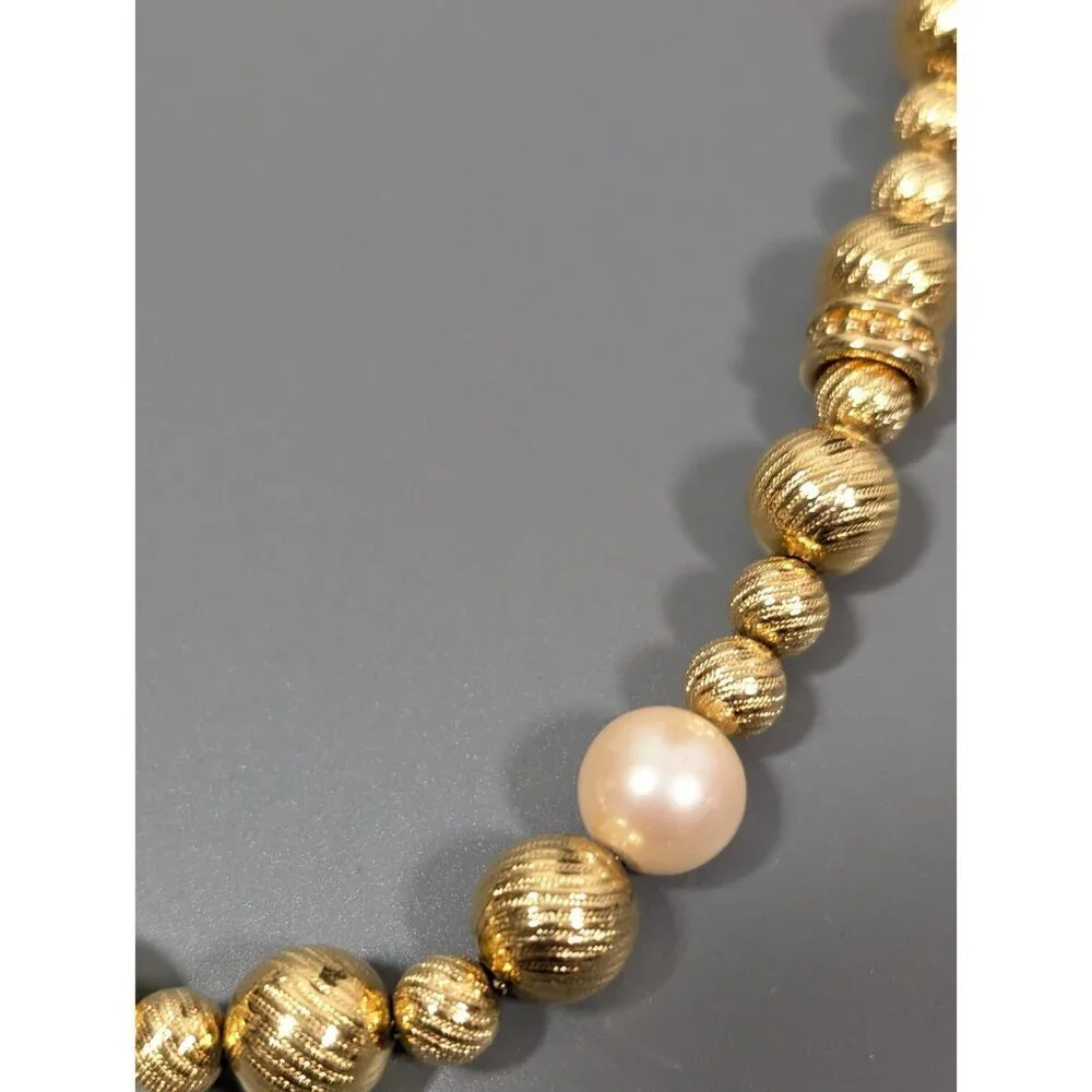 Vintage Monet‎ Gold Tone Ribbed Bead Faux Pearl Necklace Classic MCM 20 in